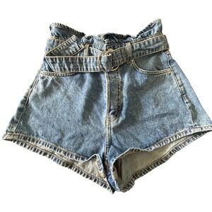 H&M Divided Blue Denim Paperbag Waist Belted Shorts Size 4 08631631